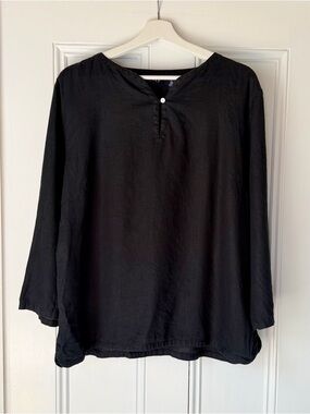 Vtg Gap Popover Top Womens XL Black Split Neck Woven 100% Linen One Button Boho